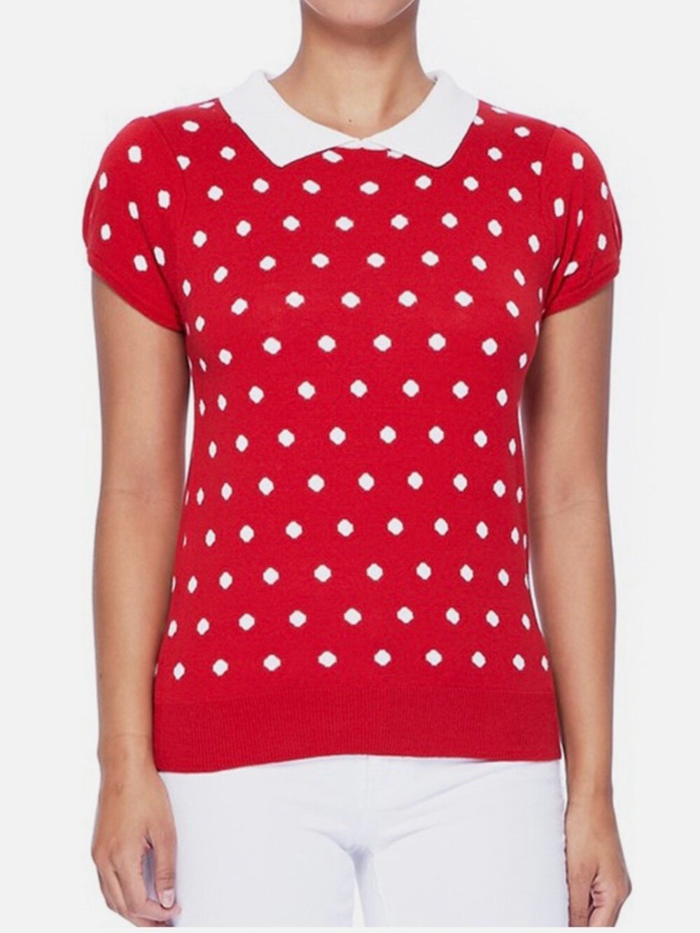 YEMAK Women's Polka Dot Collar Short Sleeve Sweater L